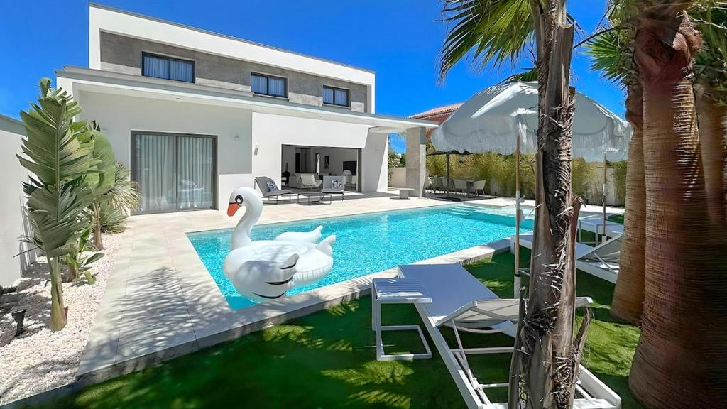 une piscine avec un cygne en face d'une maison dans l'établissement La Maison de La Plage, au Grau-dʼAgde