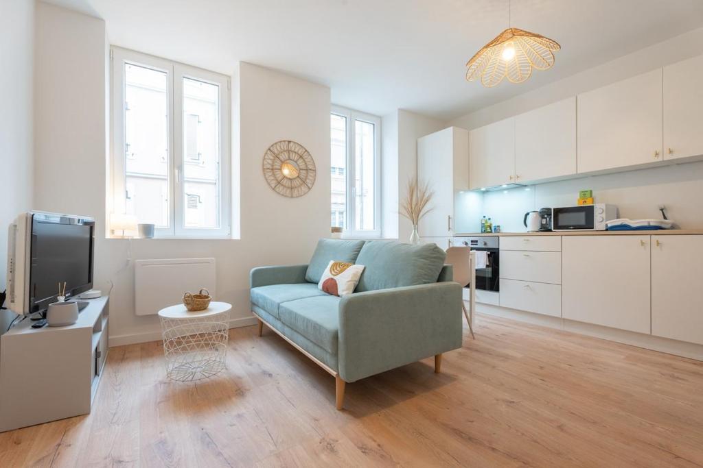 un salon avec un canapé bleu et une cuisine dans l'établissement Very nice apartment for 2 people, Le Macon Park free, à Mulhouse