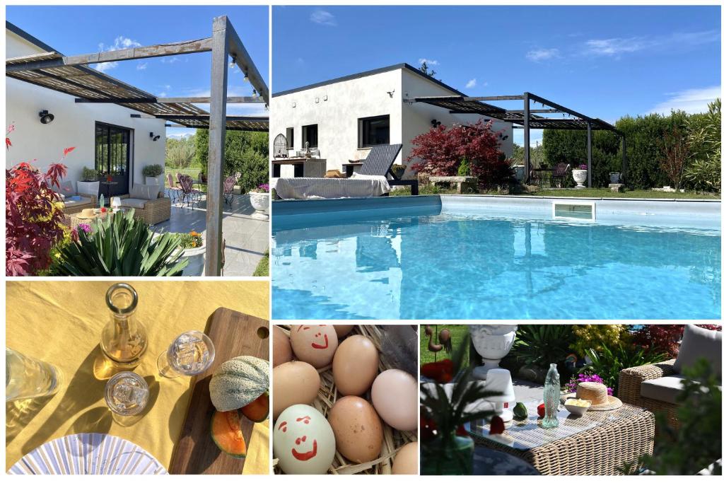 a collage of pictures of a house and a swimming pool at Le Galinié Chic'Art. Un bel Atelier avec Piscine in Carpentras
