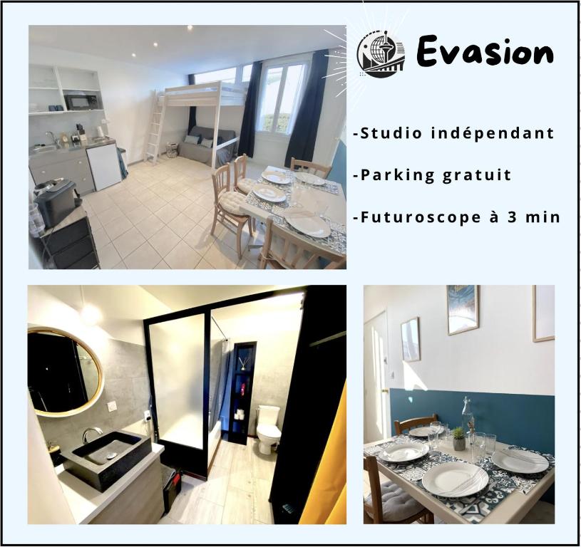 un collage de photos d'une cuisine et d'un salon dans l'établissement Studio proche du Futuroscope, à Aquascope, à Chasseneuil-du-Poitou