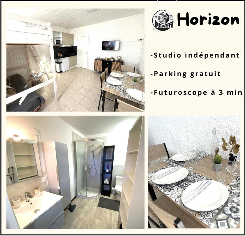 un collage de trois photos d'une cuisine et d'une salle de bains dans l'établissement Studio proche du Futuroscope, à Chasseneuil du poitou, à Chasseneuil-du-Poitou