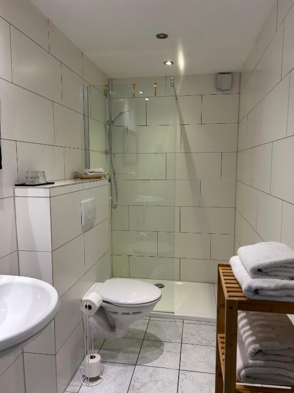 ein Badezimmer mit Dusche, Toilette und Waschbecken in der Unterkunft Mikroapartments Klarenthal in Saarbrücken