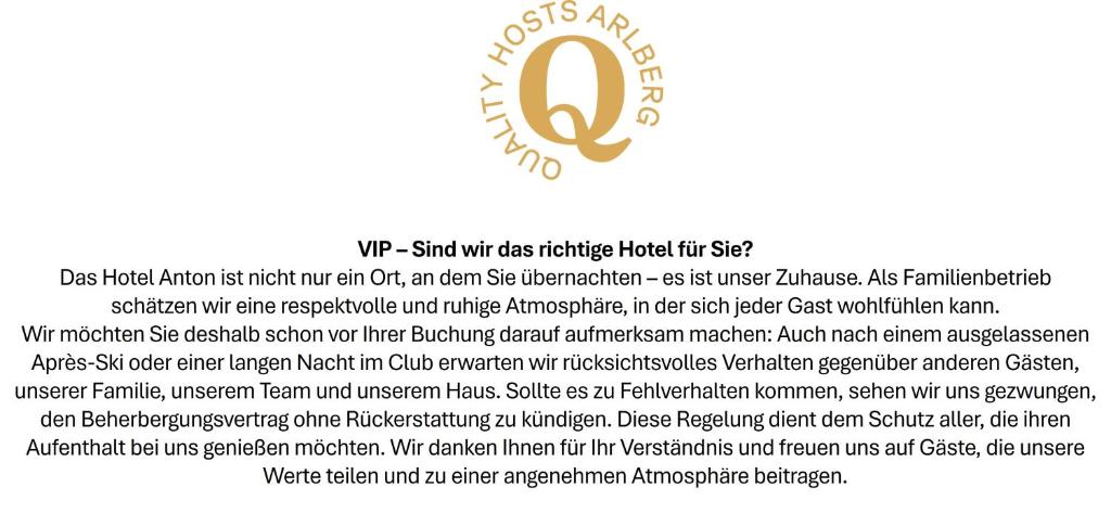 Certifikát, hodnocení, plakát nebo jiný dokument vystavený v ubytování Quality Hosts Arlberg - Hotel ANTON