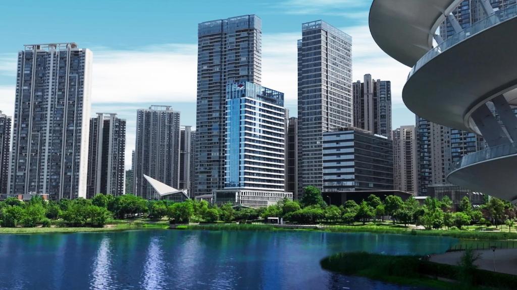 a view of a city with tall buildings at The Meixi Lake, Changsha Marriott Executive Apartments in Changsha