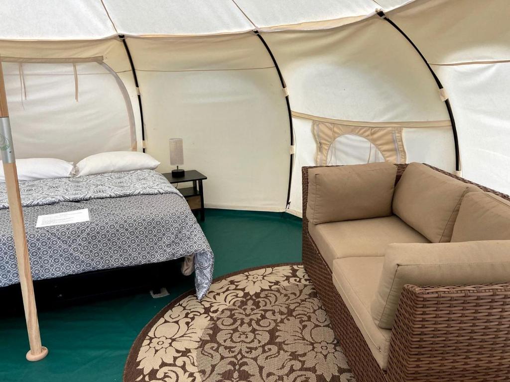 a living room with a couch and a bed in a tent at Fantastic Virginia Glamping Retreat near Charlottesville in Gordonsville