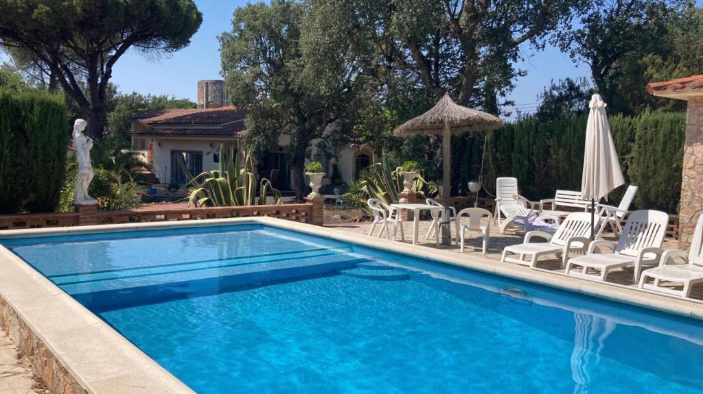 una piscina con sedie e ombrelloni di Club Villamar - Casa Siete a Llagostera