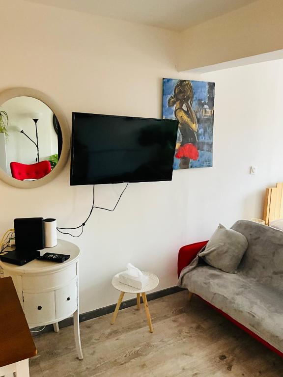 TV a/nebo společenská místnost v ubytování Hôte Labyrinthe lit 180 cm salle de bain, petit dej compris