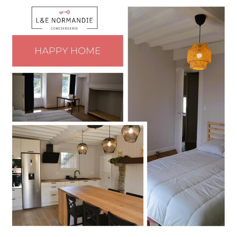 un collage de photos d'une chambre et d'une cuisine dans l'établissement Happy Home Saint-Lô, à Saint Lo
