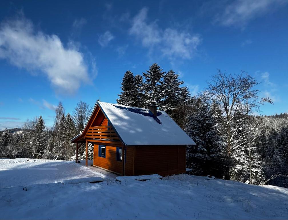 a small wooden cabin with snow on the roof at Modrá chata pod horou in Mračkov