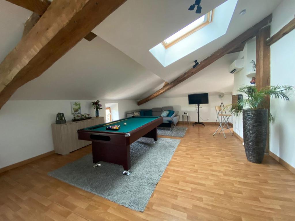 un salon avec une table de billard dans l'établissement Grand loft avec billard et Netflix, à Socourt