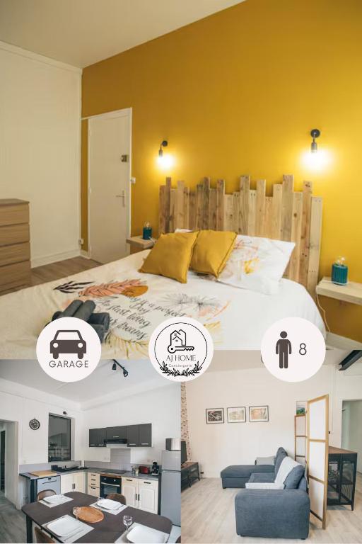 une chambre avec un lit avec une tête de lit en bois dans l'établissement 