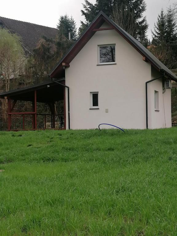 a white house in a field of green grass at Domek Góry Sowie in Nowa Ruda