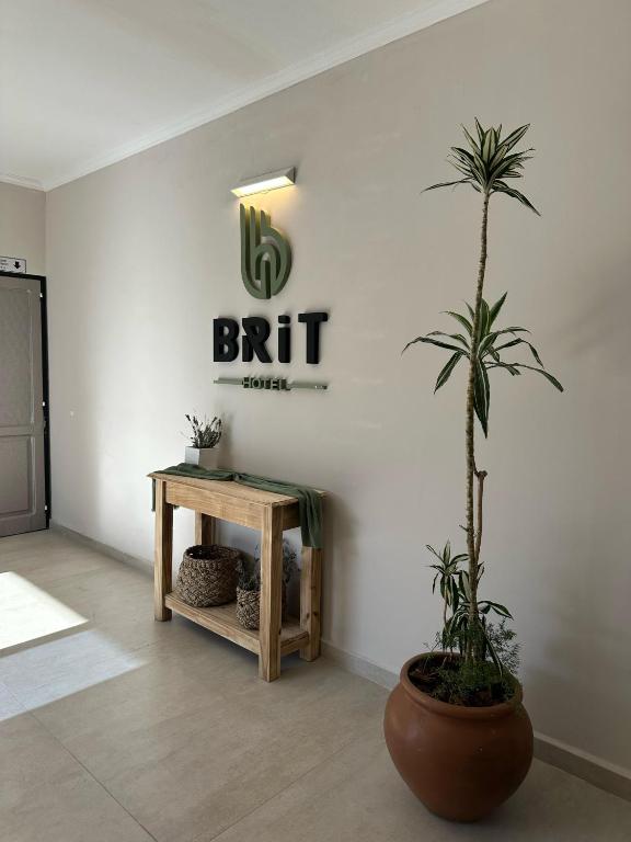 a plant in a room with a table and a sign at Brit Hotel in Villa Carlos Paz