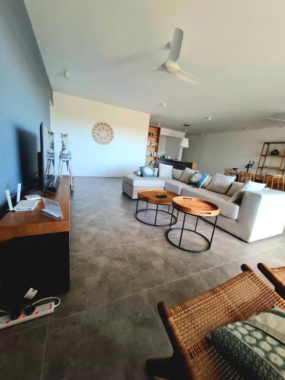 TV a/nebo společenská místnost v ubytování Superbe appartement avec vue mer et montagnes.