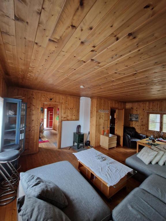 a large living room with a wooden ceiling at Hytte uten hyttenaboer in Nore