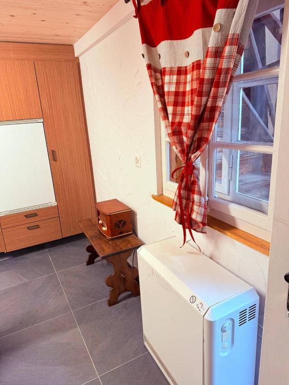 a kitchen with a refrigerator and a window at Vintage Apartment By Apartments Capricorn in Gsteigwiler