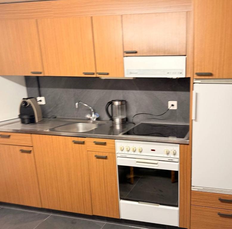 a kitchen with a stove and a sink and a refrigerator at Vintage Apartment By Apartments Capricorn in Gsteigwiler