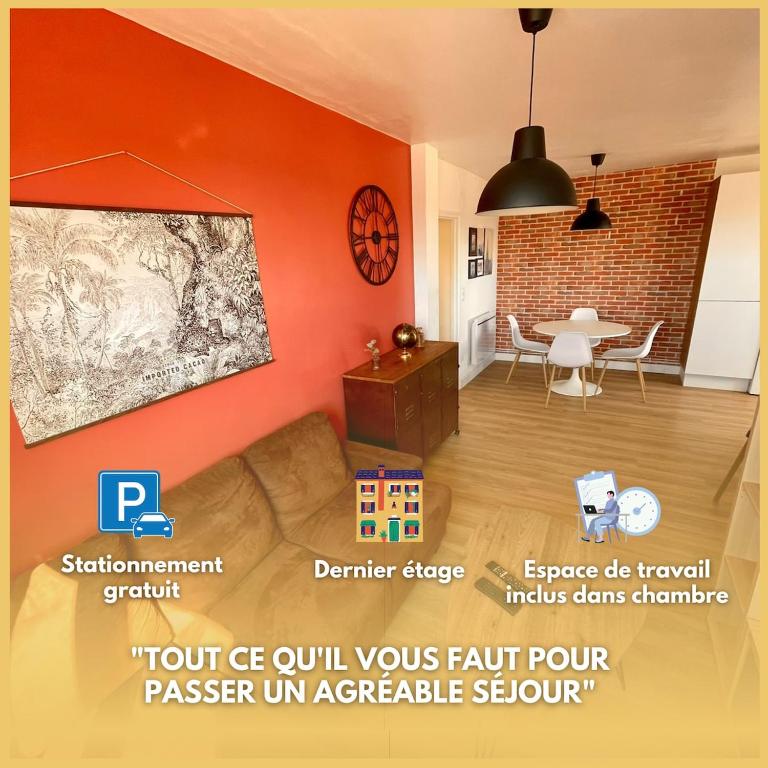 un salon avec un canapé et une table dans l'établissement Appartement 3 Chambres & Dernier étage, à Amiens