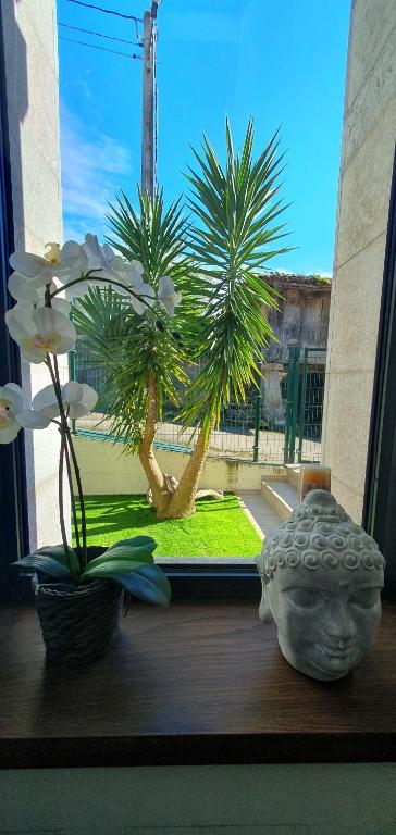 a window with two palm trees and a vase on a table at La luz de Llanes in El Cueto