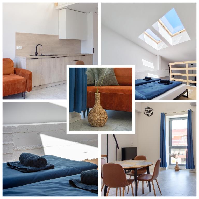 a collage of photos of a kitchen and a living room at Fabryka Loft 3B # Nestapartamenty in Bielsko-Biała