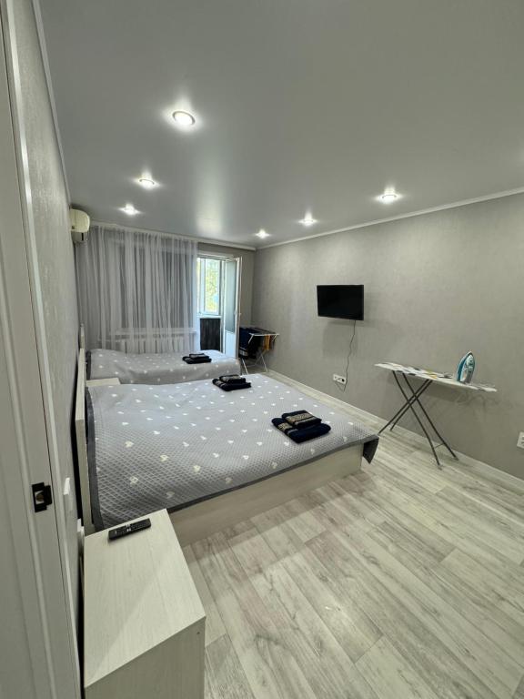 ein Schlafzimmer mit einem Bett und einem Flachbildfernseher in der Unterkunft Уютные 1комнатные апартаменты на Казииту in Oral