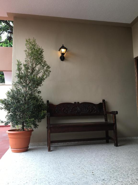 a bench next to a wall with a lamp and a plant at Palmira Hostel in Tegucigalpa
