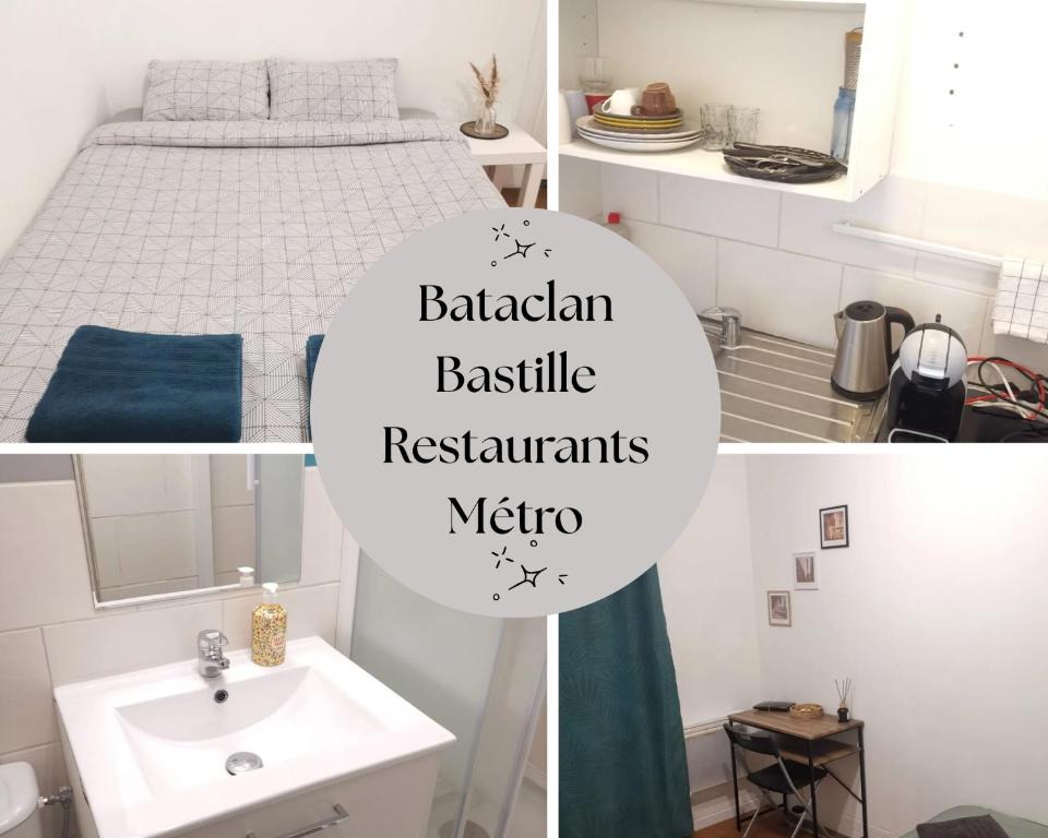 een witte slaapkamer met een bed en een wastafel bij Studio Paris 11 Bien situé et fonctionnel in Parijs