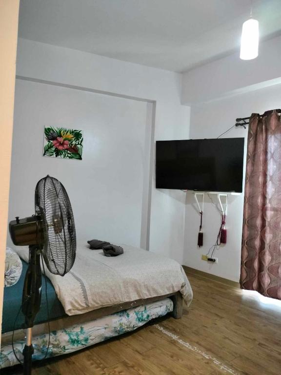 Habitación con ventilador y TV de pantalla plana. en Anya and Carl's Comfy, en Mactan