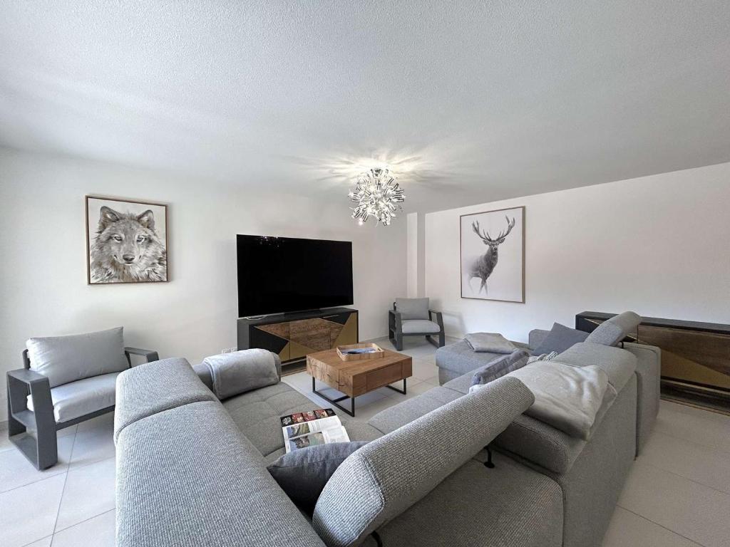 un salon avec deux canapés et une télévision dans l'établissement Grand appartement 3 pièces cabine, terrasse, garage - Briançon - FR-1-330C-151, à Briançon