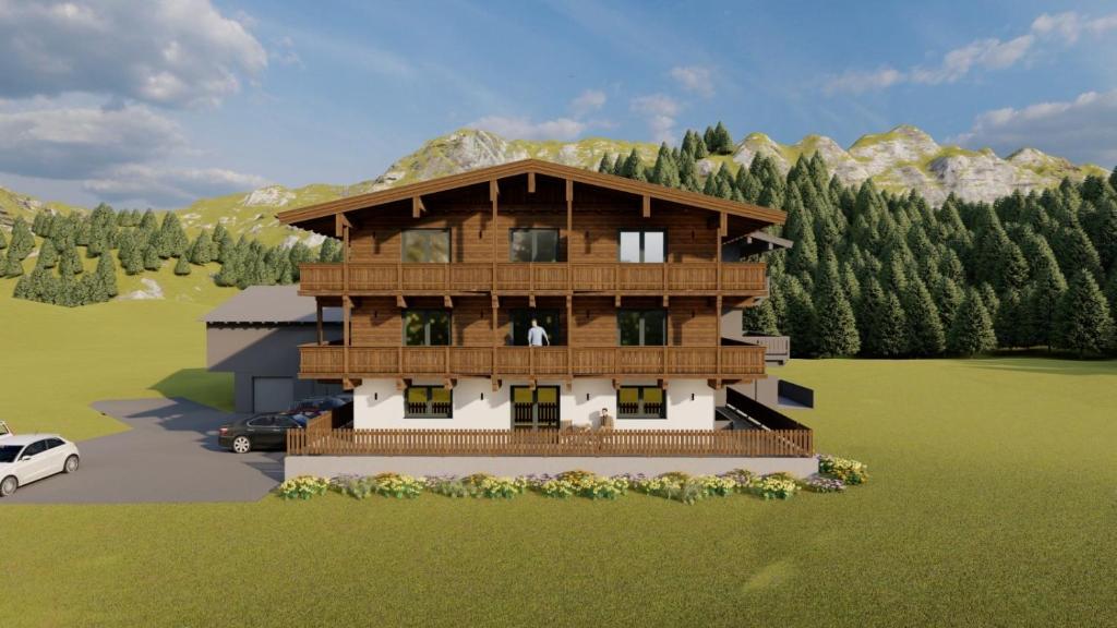 eine Darstellung eines Holzhauses auf einem Feld in der Unterkunft Boderhof Apartments in Tux