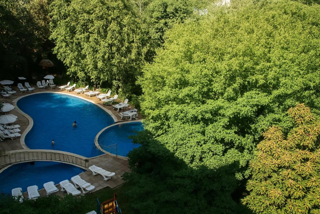 an overhead view of a swimming pool in a forest at Hotel Perunika in Golden Sands