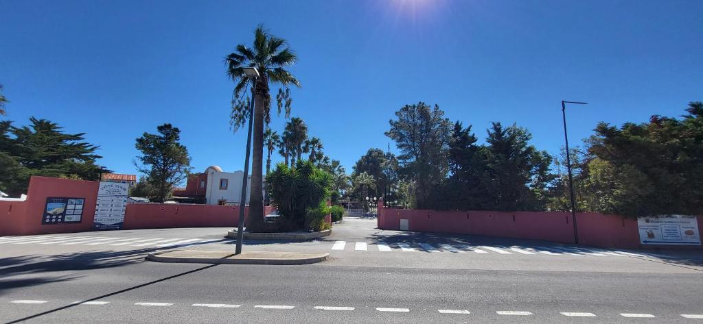 une rue vide avec un palmier et une clôture dans l'établissement Location Mobil home, à Torreilles