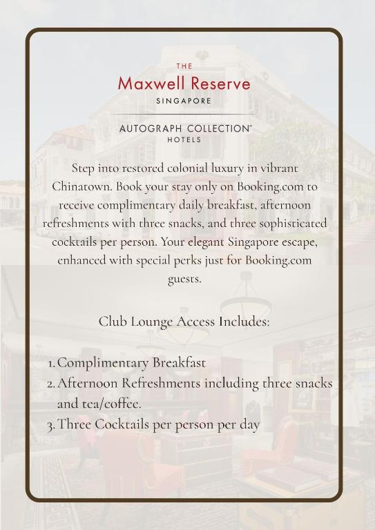 Certifikát, hodnocení, plakát nebo jiný dokument vystavený v ubytování Maxwell Reserve Singapore, Autograph Collection