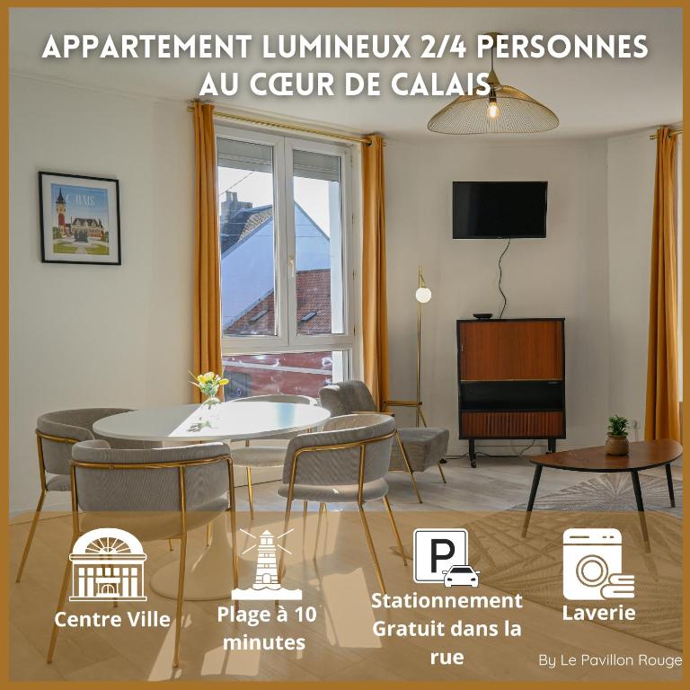 un rendu d'un salon avec une table et des chaises dans l'établissement Calais Chic 2-4 personnes Centre Ville, à Calais