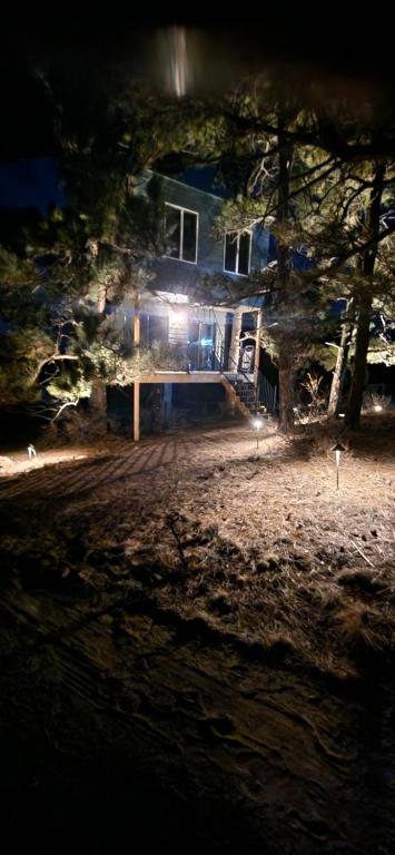 a house at night with lights in front of it at Rustic Treehouse in Peyton