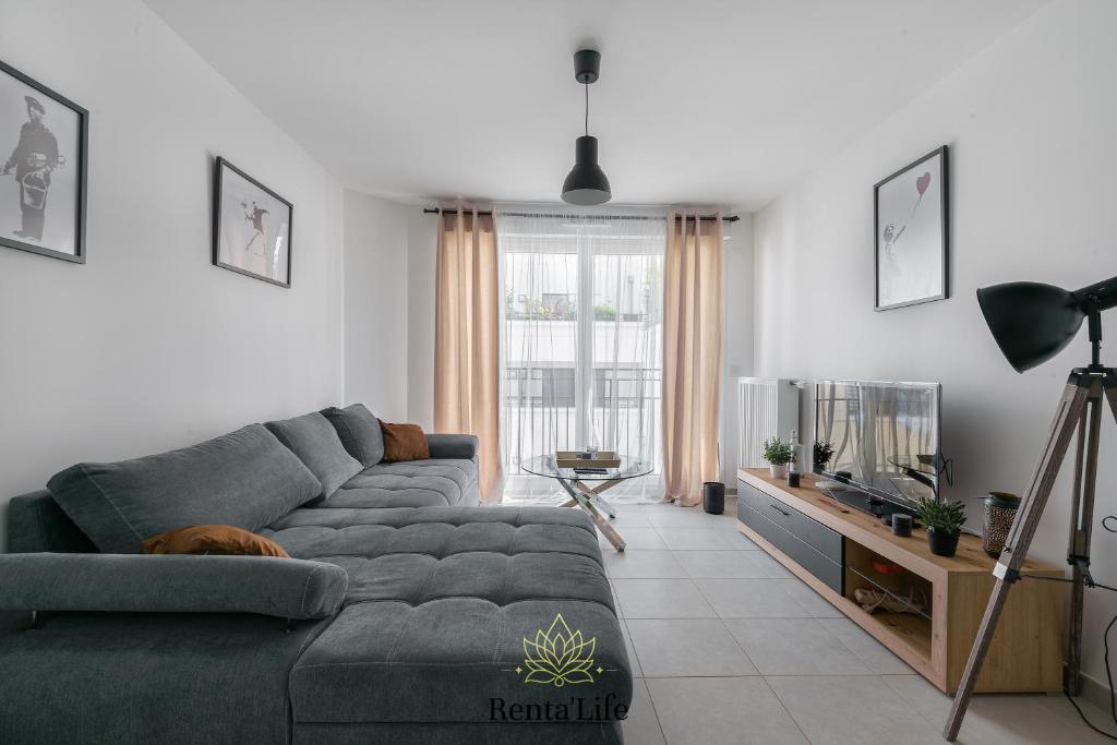 un salon avec un canapé et une télévision dans l'établissement Cassassiens Chénelette - T2 - 5min DisneyLand, à Chessy