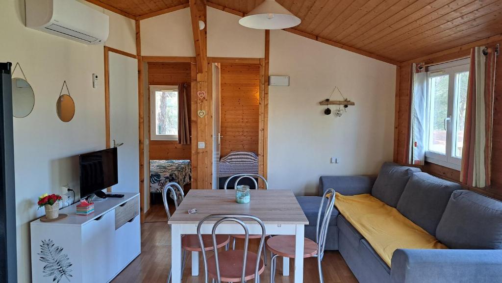 un salon avec un canapé et une table dans l'établissement Chalet climatisé 2 chambres piscine chauffée, à Agde