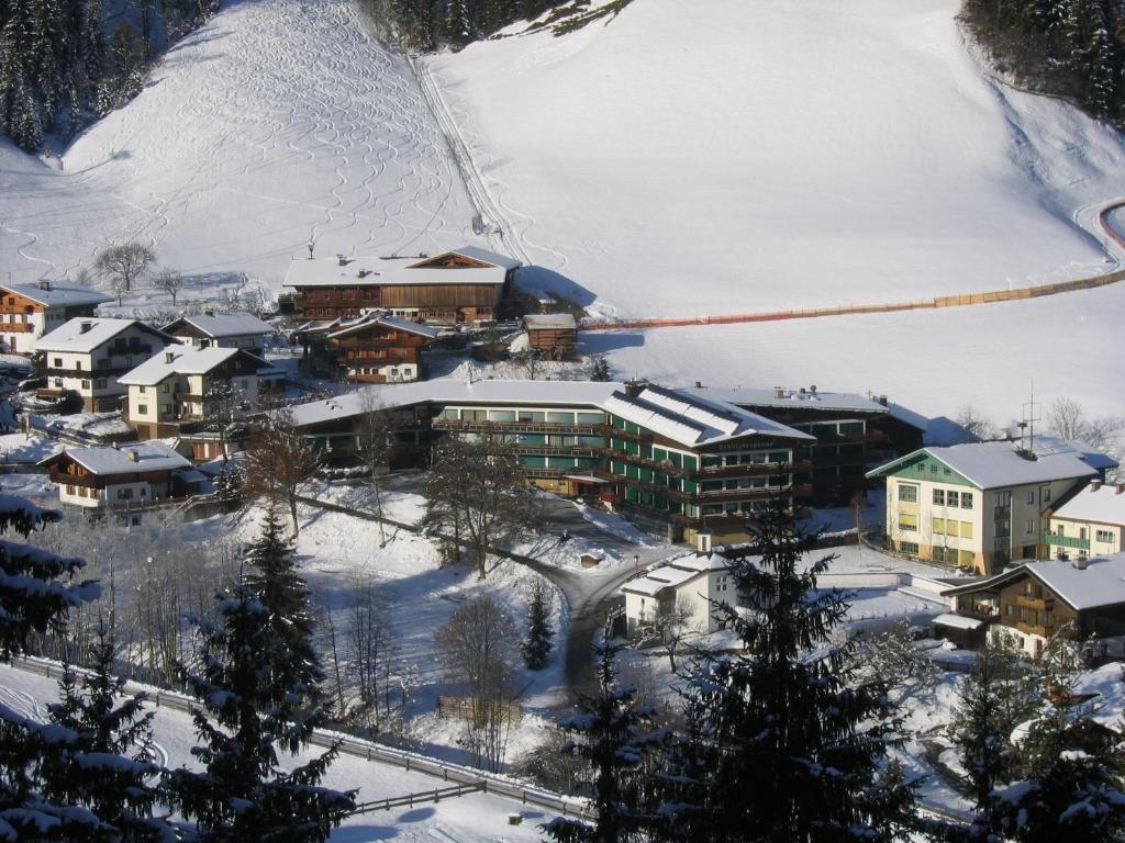una ciudad en la nieve con una montaña en Schatzberg-Haus Auffach, en Auffach