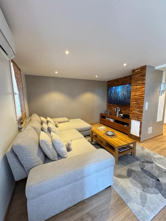 un salon avec un canapé et une télévision dans l'établissement Charmant appartement cosy proche des plages, à Fréjus