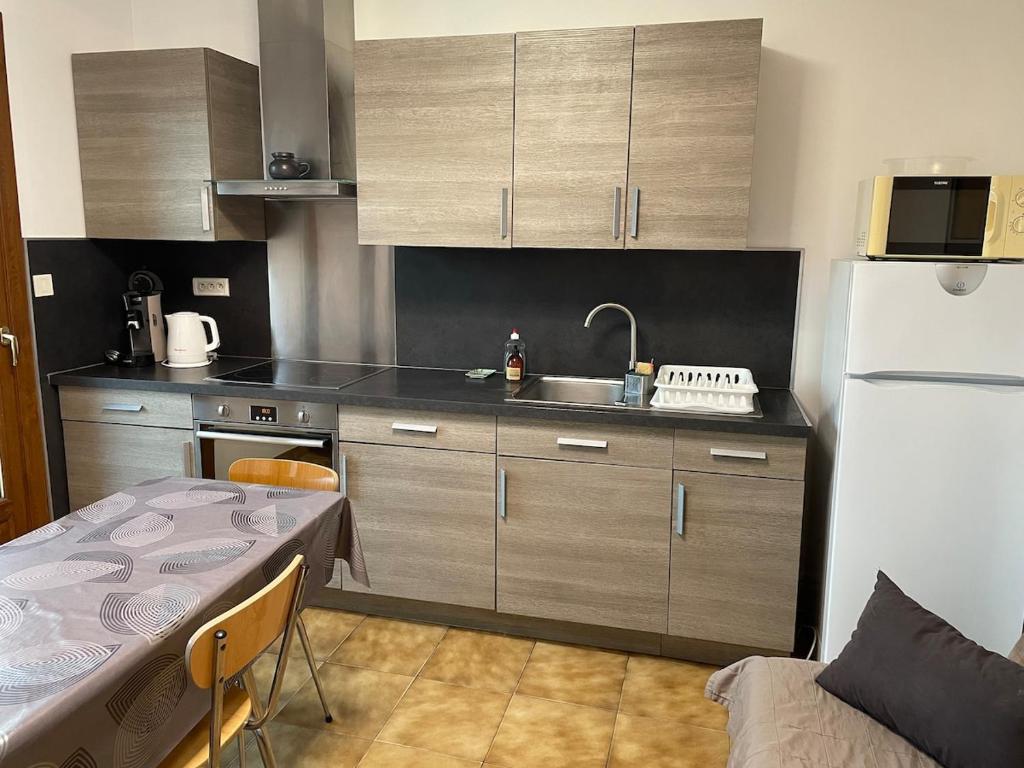 une petite cuisine avec un évier et un réfrigérateur dans l'établissement Joli appartement avec terrasse, à Gréoux-les-Bains