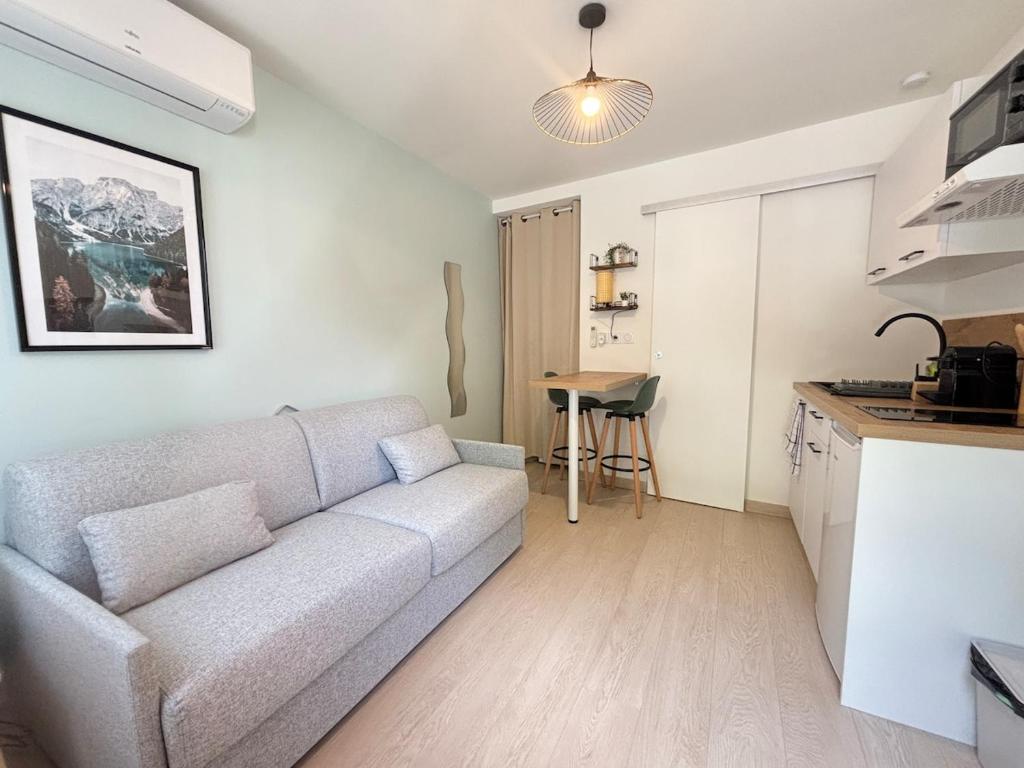 un salon avec un canapé et une cuisine dans l'établissement Studio l'Azur - Garage & Clim - Valence, à Valence