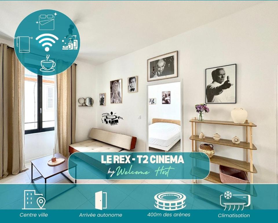 une affiche d'une chambre avec un lit et un salon dans l'établissement Le Rex - T2 coeur de ville sur le thème du cinéma, à Nîmes