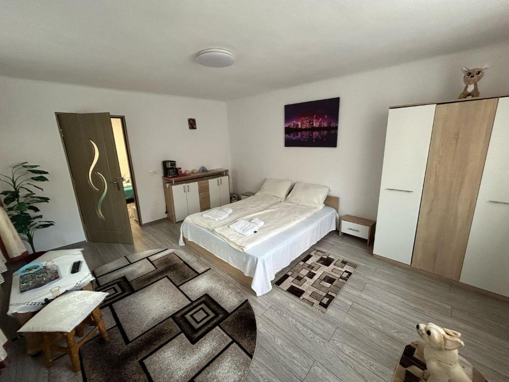 un dormitorio con una cama y un perro dentro en Casa Lenu & Lian, en Sighişoara