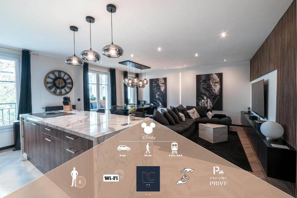 une grande cuisine et un salon avec une grande île dans l'établissement Disneyland-Paris, 6 pers, Wifi, Parking, à Chessy