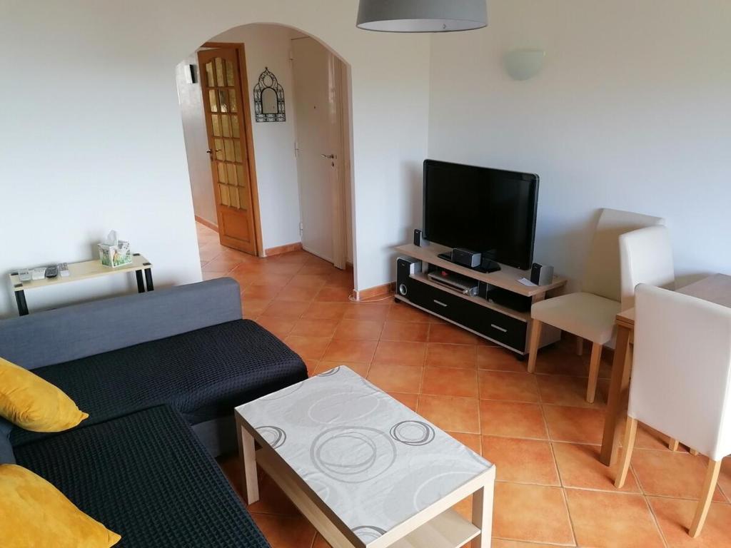 un salon avec un canapé et une télévision à écran plat dans l'établissement L'idéal entre centre ville, mer et colline, à Toulon