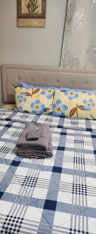 a bed with a blue and white checkered blanket and pillows at Happiness queen room 3 in Newark