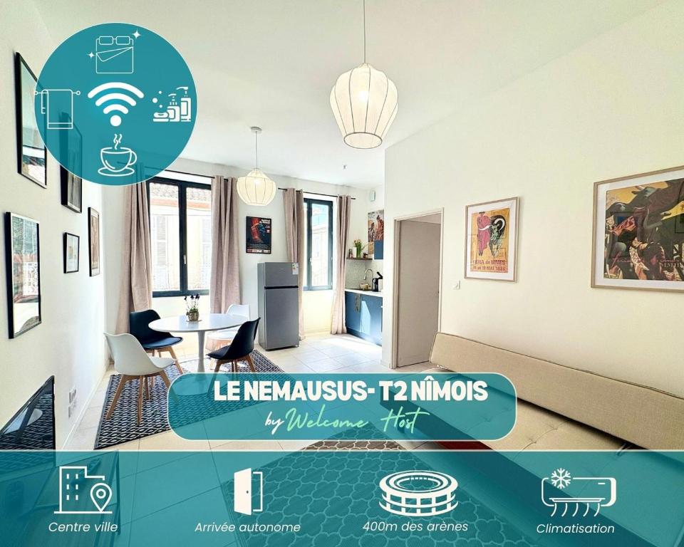 Cette chambre offre une vue sur un salon doté d'une table. dans l'établissement Nemausus - T2 pour 4 en Centre-Ville, à Nîmes