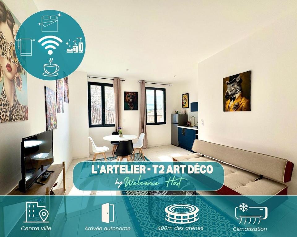 Cette chambre offre une vue sur un salon doté d'une table. dans l'établissement L'Artelier,T2 centre Nîmes, lit 160, CLIM, à Nîmes