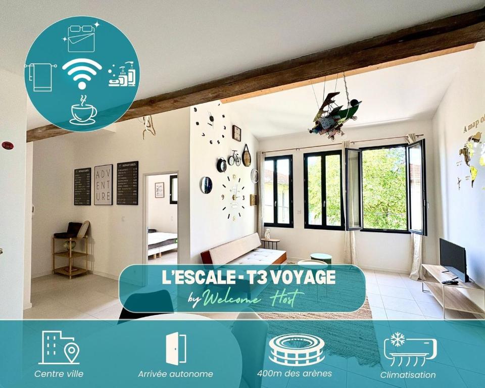 un salon avec un panneau indiquant « voyage télévisé à louer » dans l'établissement L'Escale, T3 CLIM – 6 pers, Nîmes hyper-centre, à Nîmes