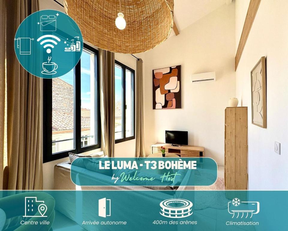 une pièce avec un panneau indiquant que Lenovo doit rebondir dans l'établissement Le Luma, Spacieux T3 – 6 pers, centre Nîmes, CLIM, à Nîmes